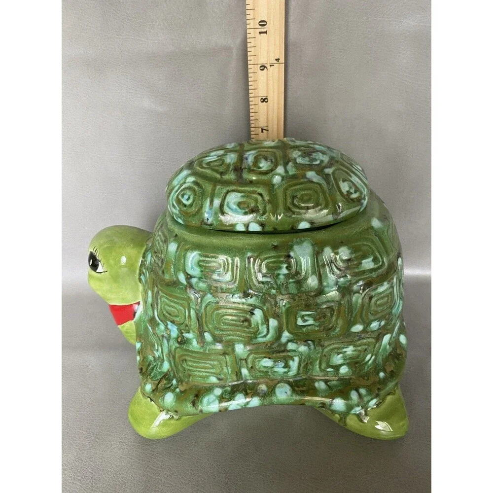 Vintage Ceramic Cookie Jar Tortoise Green Red Scarf Signed